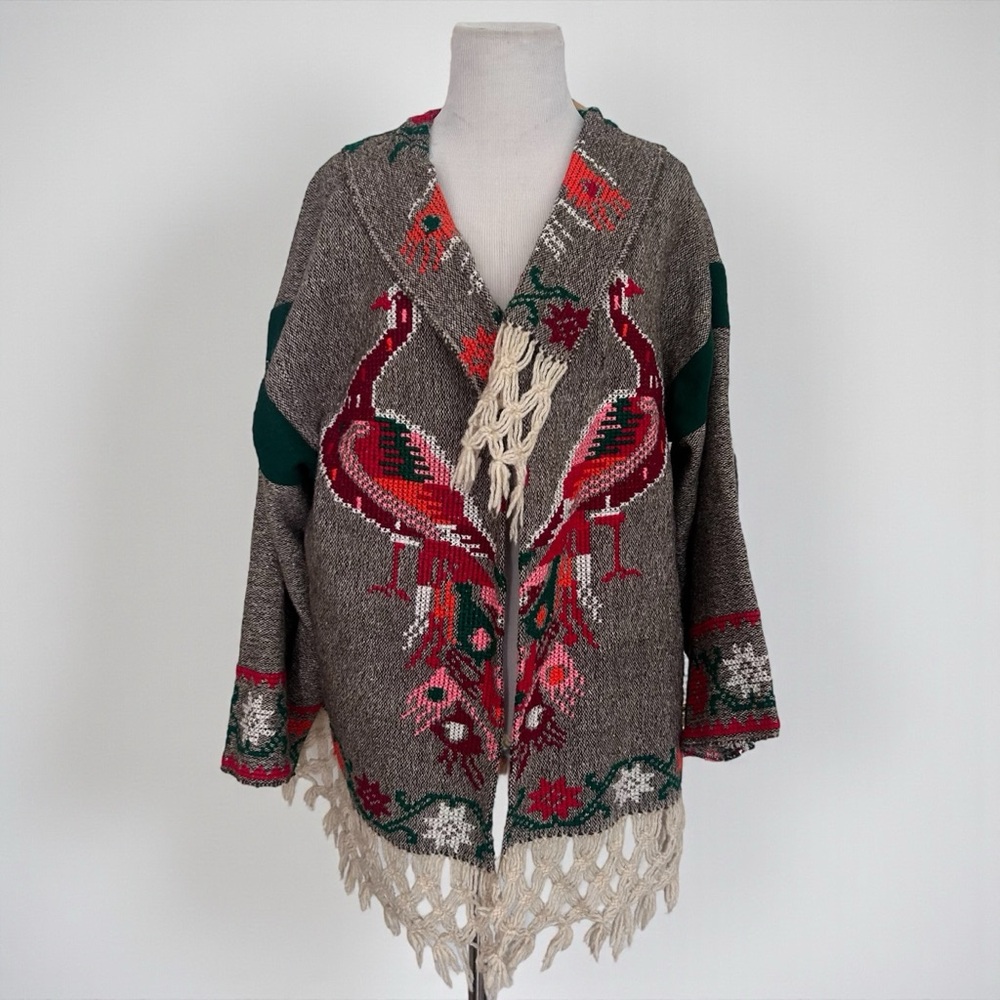 Vintage Peacock & Floral Fringe Sweater/Coat